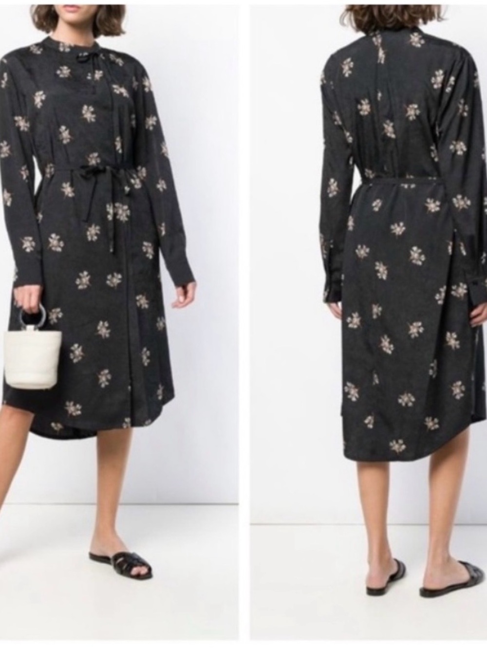 Vince Black Floral Long-Sleeve Tie-Waist Dress